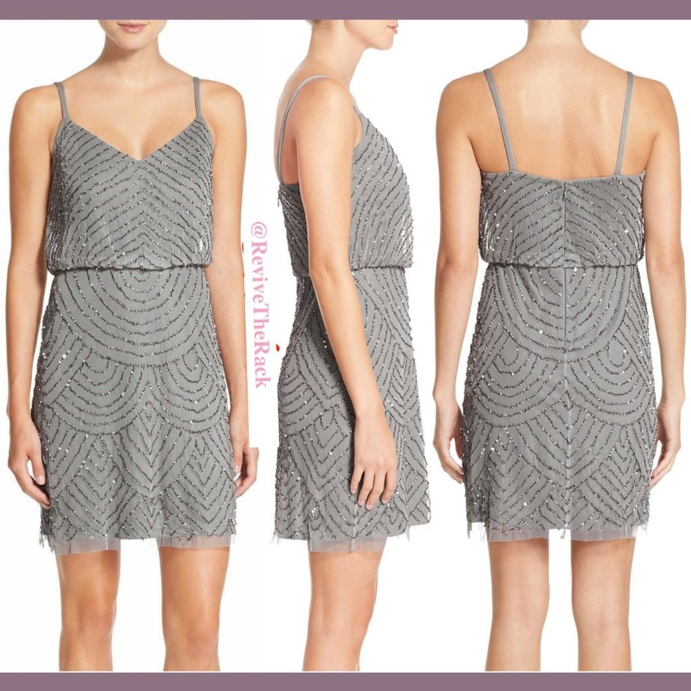 NEW Adrianna Papell‎ Art Deco Sequin Blouson Dress in Grey/Silver [SZ 6 ]